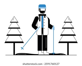 Young man in winter skiing, outdoor sports activity in snowy season. Design character. Vector flat illustration