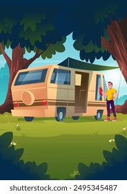 Young man wipes with cloth window of camper van in forest on summer or spring day. Cartoon vector illustration of male person on vacation with caravan in park or garden with green trees and grass.