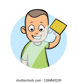 Young man wipes a window or a car glass with a damp cloth. Cartoon vector illustration, isolated on white background.