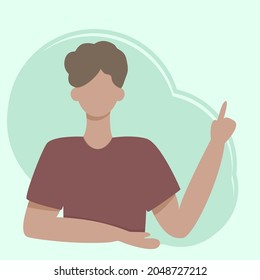 A young man without a face points his finger at information with your text. No face. Vector illustration in flat style