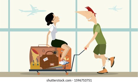 Young man and woman in the airport illustration. Smiling man wheels a cart with a young woman sitting on the bags isolated on white 
