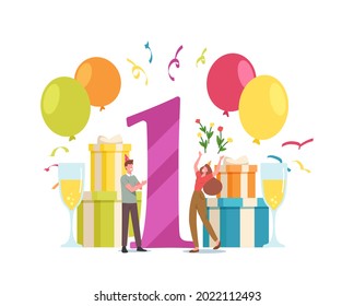 Young Man and Woman Anniversary Party Celebration. Loving Couple Male and Female Characters Celebrate One Year Together with Confetti, Gifts and Presents around. Cartoon People Vector Illustration