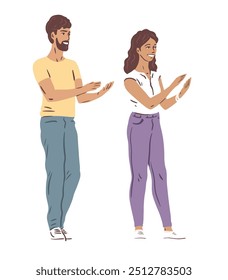 Um jovem e uma mulher aplaudem. Um gesto de aprovação, apoio e aplausos. Vida social, trabalho e relacionamentos. Ilustração de vetor de desenhos animados isolada sobre fundo branco