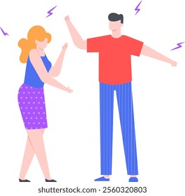 Young man and woman arguing and gesturing with raised fists and lightnings, expressing anger, disagreement, conflict, and quarrel in a stressful situation