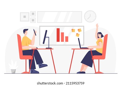 Young man and woman  asking questions on business, They use laptop computer and discussion together, cartoon vector illustration