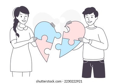 Young Man and Woman Assembling Heart Jigsaw Puzzle Connecting Mosaiced Pieces Together Vector Illustration