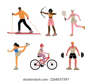 Young Man and Woman Athlete Doing Sport Vector Set