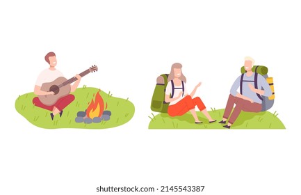 Young Man and Woman with Backpack Camping Sitting on Green Grass and Playing Guitar Near Campfire Vector Illustration Set