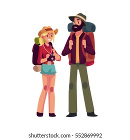 Young man and woman with backpacks and camera, travelling together, cartoon illustration isolated on white background. Couple of backpackers, hitchhikers, travelers, pretty girl and hipster man