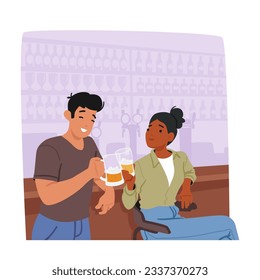 Young Man And Woman In A Bar Enjoying Beer, Raising Their Glasses In A Toast, Sharing Laughter And Creating A Lively Atmosphere. Male and Female Characters Dating. Cartoon People Vector Illustration