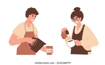 Jóvenes baristas haciendo café. Carácter masculino y familiar Barista trabajando en una cafetería. Ilustración vectorial plana o caricatura aislada en fondo blanco.