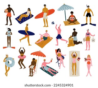 Young Man and Woman at Beach Sunbathing Enjoying Hot Summer Big Vector Set