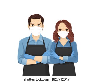 Young man and woman in black aprons wearing protective mask as protection against transmissible infectious diseases, air pollution. Isolated vector illustration