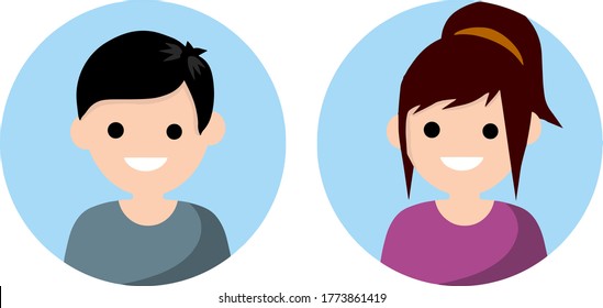 Young man and woman in blue circle. Avatar in social network. Happy character.