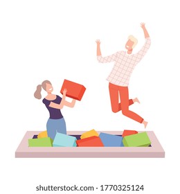 Young Man and Woman Bouncing on Trampoline, Couple Having Fun Together Playing with Soft Cubes, Active Healthy Lifestyle Flat Style Vector Illustration