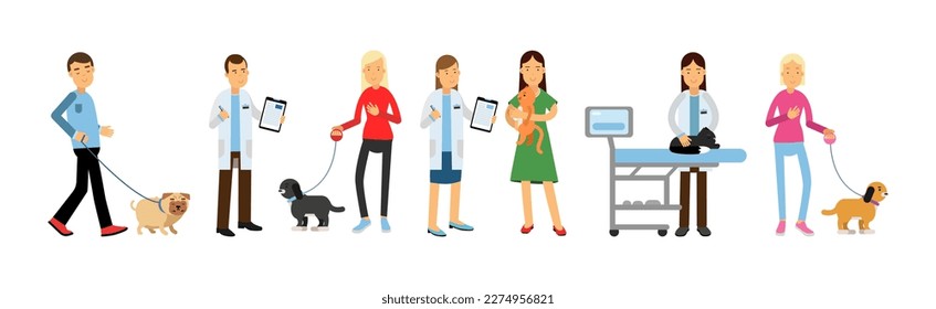 Young Man and Woman Bringing Their Pet for Vet Examination Vector Illustration Set