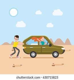 Young man and young woman with broken car in the desert. Young man push the broken car.