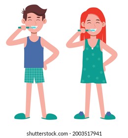 Young man and woman brushing teeth in a bathroom. Oral hygiene, care of dental health. Vector flat cartoon characters illustration on white background.