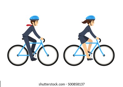 Young man and woman in business suit riding bicycles. Cute flat cartoon style vector illustration.