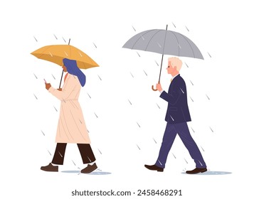 Young man and woman businesspeople cartoon characters walking under rainfall holding umbrella