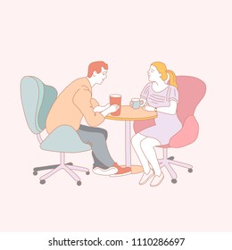 Young man and woman in a cafe. Hand drawn vector illustration.