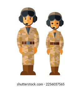 Young man and woman in camouflage uniform. Military in flat style. Army in cartoon style. Isolated vector illustration. Set of soldiers girl and man.