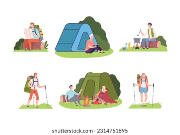 Young Man and Woman Camping Pole Walking and Sitting at Tent Vector Illustration Set