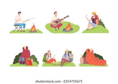 Young Man and Woman Camping Sitting and Frying Marshmallow Vector Illustration Set