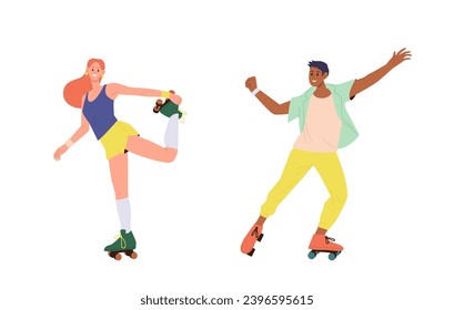 Young man and woman cartoon characters roller skating outdoors enjoying sport hobby activity