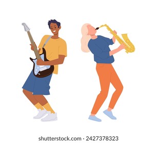 Young man and woman cartoon characters playing guitar and saxophone isolated on white background