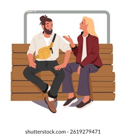 Young man and woman cartoon friends or colleague characters talking while sitting on bench outdoors isolated on white background. Girl telling sharing news with inspiration to guy vector illustration