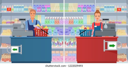 Young man and woman cashier at the checkout in supermarket. Vector female and male cashier working at the cash register.