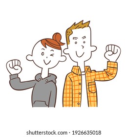 Young man and woman in casual clothes who guts pose