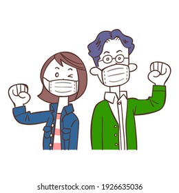 Young man and woman in casual clothes wearing masks and guts poses