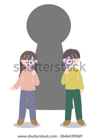 Young man and woman in casual clothes looking through a magnifying glass in front of a large keyhole