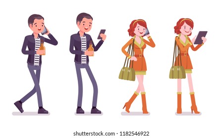 Young man and woman. Caucasian millennial boy and attractive red-haired girl with phone, interacting on social media, wearing city clothing and accessories. Vector flat style cartoon illustration