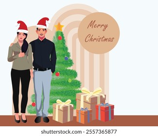 young man and a woman celebrate the christmas flat cartoon character vector illustration