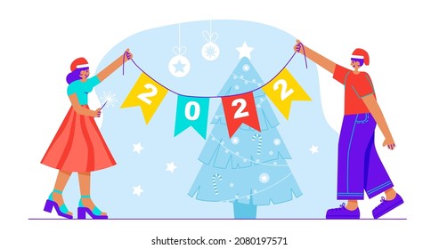 Young man and woman celebrating New Year and holding a garland with number 2022. New Year and Christmas theme. Vector illustration in a flat style