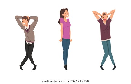 Young Man and Woman Character Afraid of Something Feeling Scared and Terrified Shaking with Fear Vector Set