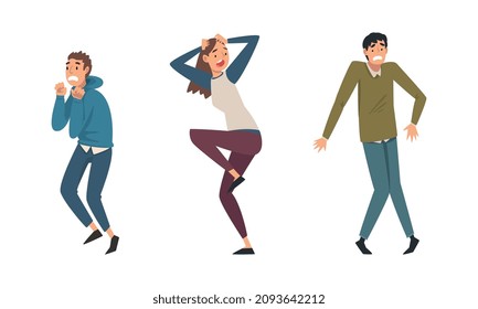 Young Man and Woman Character Afraid of Something Feeling Scared and Terrified Shaking with Fear Vector Set