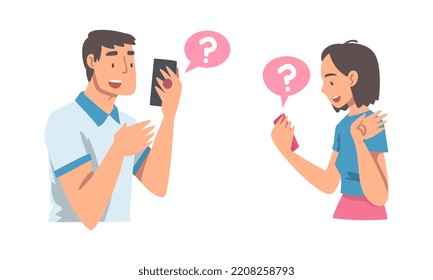 Young Man and Woman Character Asking Question Using Internet Search System on Smartphone Vector Set