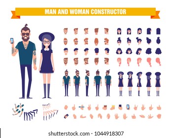 Young Man and woman character constructor with various views, hairstyles, poses and gestures. Front, side, back view. Cartoon style, flat vector illustration. 