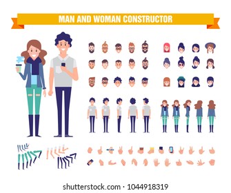 Young Man and woman character constructor with various views, hairstyles, poses and gestures. Front, side, back view. Cartoon style, flat vector illustration. 