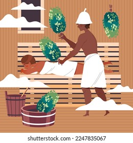 Young Man and Woman Character Enjoying Sauna and Spa with Bath Broom Vector Illustration