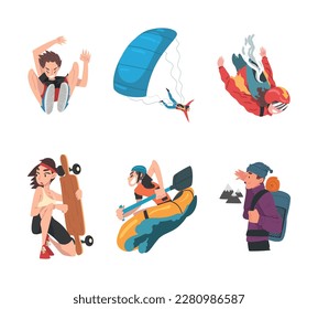Young Man and Woman Character Enjoying Extreme Sport Activity Vector Set