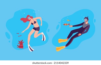 Young Man and Woman Character in Goggles and Flippers Sea Diving and Floating Underwater Vector Set