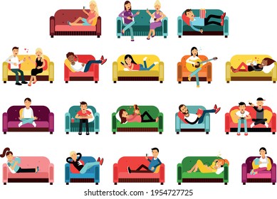 Young Man and Woman Character Having Rest on Couch Vector Illustration Set