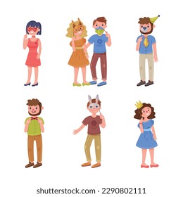Young Man and Woman Character Holding Pole with Party Birthday Photo Booth Prop Vector Set