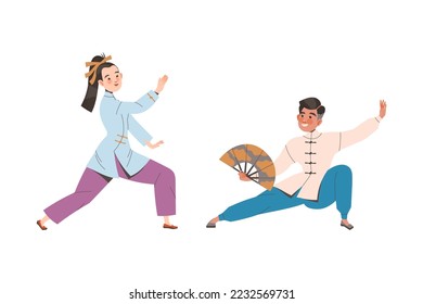Young Man and Woman Character in Kimono with Fan Practicing Tai Chi and Qigong Exercise Vector Set