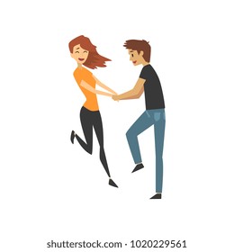 Young man and woman characters dancing, happy romantic couple in love cartoon vector Illustration